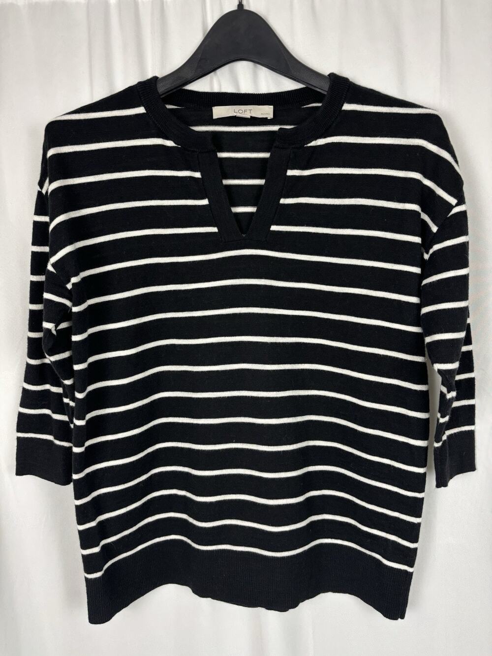 ANN TAYLOR LOFT Black White Stripe Sweater Top 3/4 Sleeve Nautical Coastal XSP